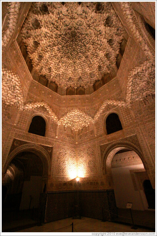 Hexagonal dome, Sala de las Dos Hermanas, Nasrid Palace, Alhambra at night.