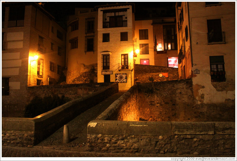 Puente de Cabrera, over the Darro River, at night.  City center.