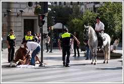 Police help a horse that has fallen stand up. Calle Reyes Cat?os, city center.