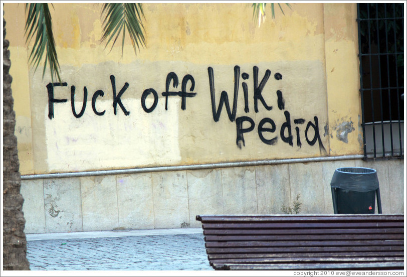 Graffiti reading "Fuck off Wikipedia", Callej?e los Franceses, city center.
