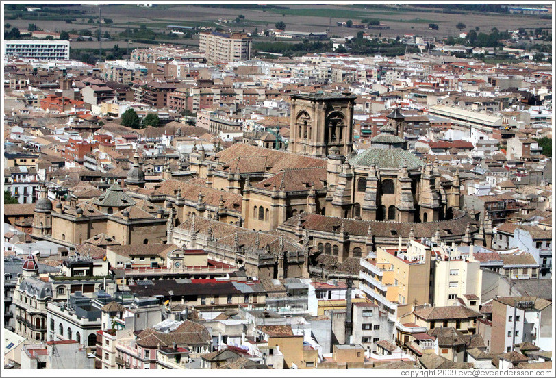 Granada Cathedral, in a sea of other buildings in the city center, viewed from the Alhambra.