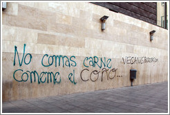 Graffiti promoting vegetarianism, reading "Don't eat meat. Eat my [female body part]." Plaza de San Agust? city center.