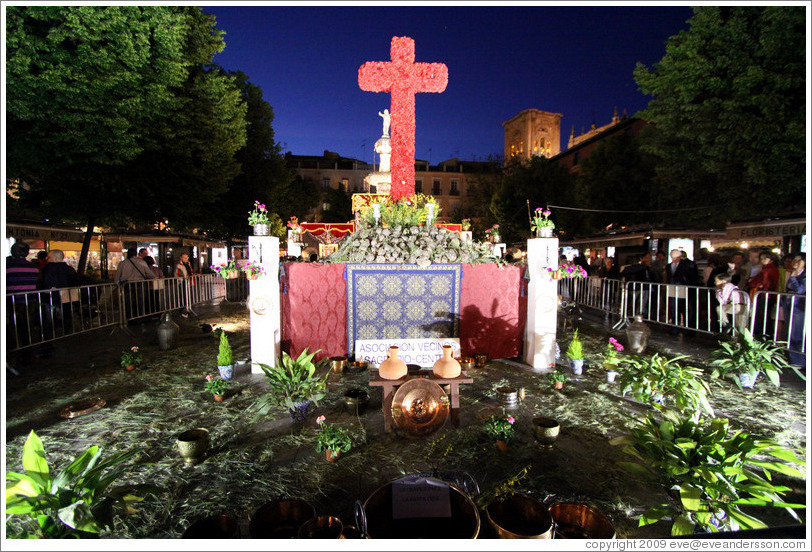 Cross for Fiesta de las Cruces, in Plaza de Bib-Rambla, at night.  City center.