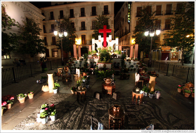 Cross for Fiesta de las Cruces, in Plaza del Carmen, at night.  City center.