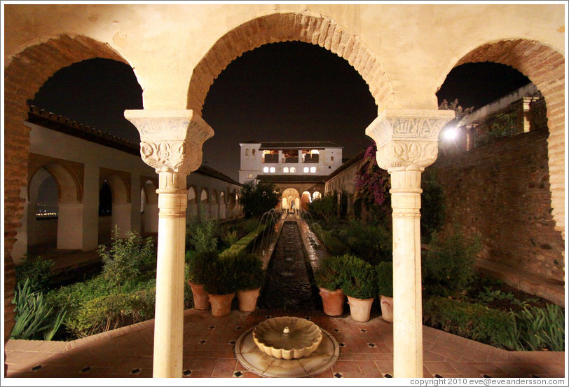 Patio de la Acequia (Court of the Water Channel) at night, Palacio de Generalife.