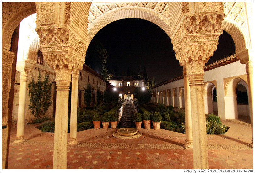 Patio de la Acequia (Court of the Water Channel) at night, Palacio de Generalife.