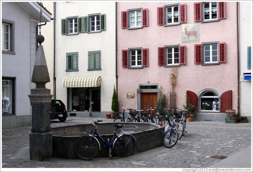 Fountain with bicycles, Vazerolgasse, Old Town, Chur.