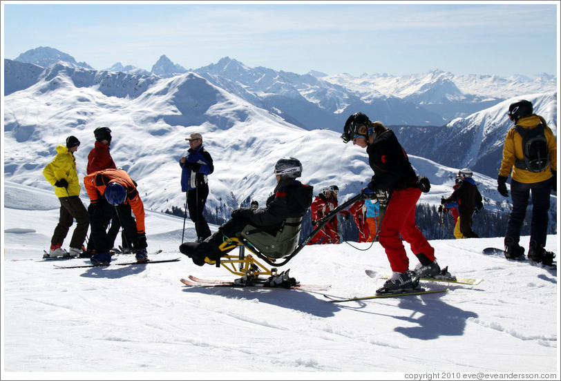 Sitting skis, Jakobshorn, a skiing region of the Davos Klosters Mountains.