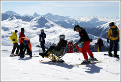 Sitting skis, Jakobshorn, a skiing region of the Davos Klosters Mountains.