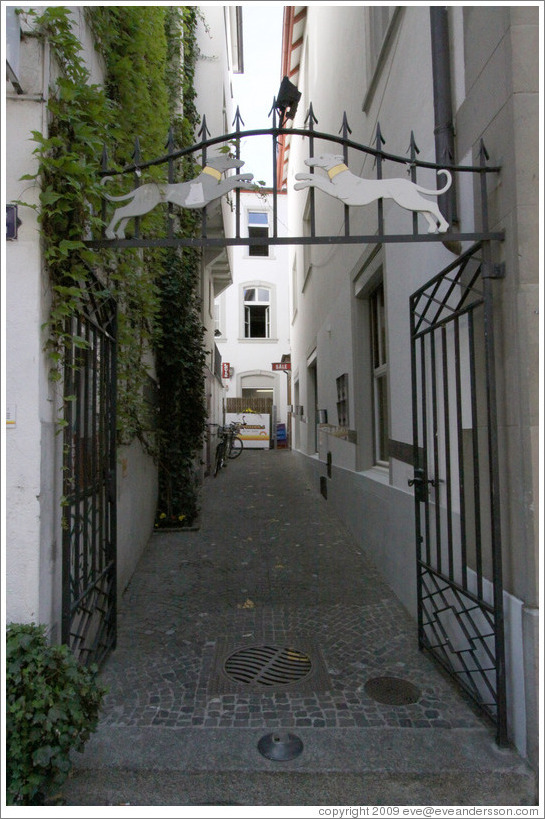 Gate with dogs.  Narrow street off 	
Oberdorfstrasse.  Altstadt (Old Town).