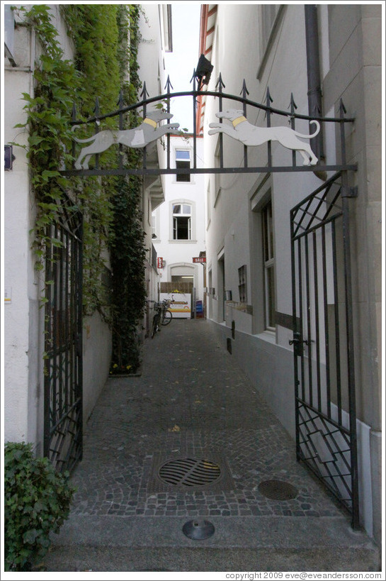 Gate with dogs.  Narrow street off 	
Oberdorfstrasse.  Altstadt (Old Town).