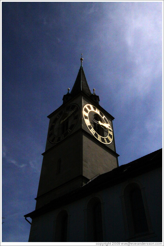 Clock tower on Kirche St. Peter (St. Peter's Church).  Altstadt (Old Town).