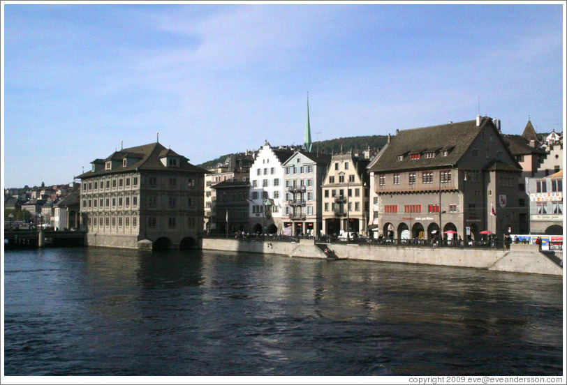 Limmatquai, with Rathaus (Town Hall) on the left.  Altstadt (Old Town).