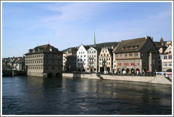 Limmatquai, with Rathaus (Town Hall) on the left.  Altstadt (Old Town).