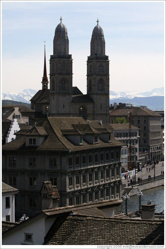 View of Grossm?nster (Great Church) from Lindenhof.  Altstadt (Old Town).