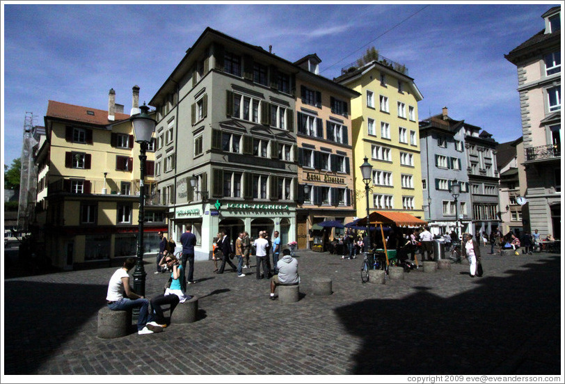 Bustling square on Niederdorfstrasse.  Altstadt (Old Town).