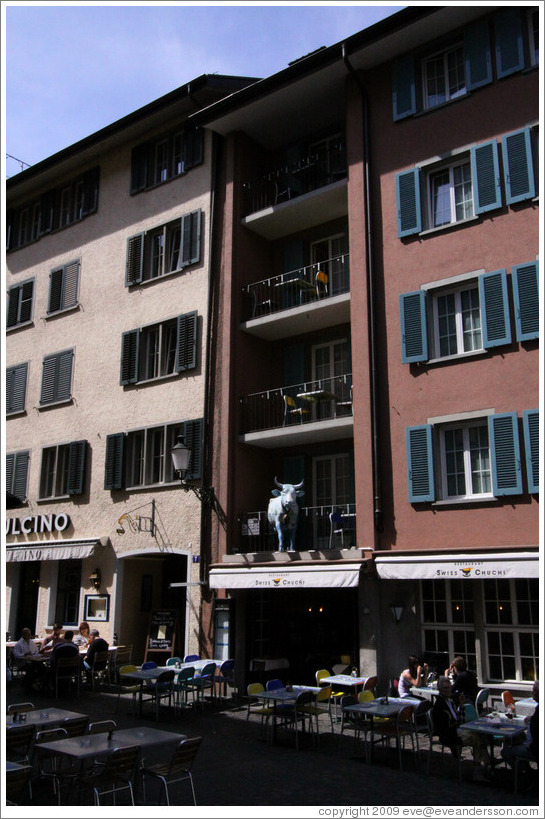 Swiss Chuci restaurant, with tables and cow on balconies.  Altstadt (Old Town).