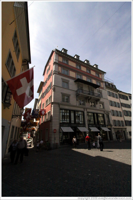 Large building has a cat painted on the exterior.  Rennweg.  Altstadt (Old Town).