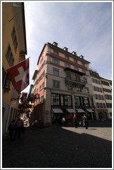 Large building has a cat painted on the exterior.  Rennweg.  Altstadt (Old Town).