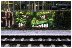 Graffiti by the train track.  Two skulls within a skull.