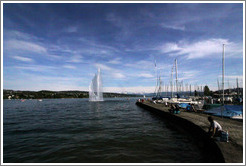 Mythenquai, with lake fountain.  Z?richsee (Lake Z?rich).