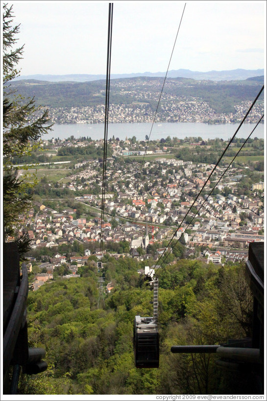 Cable car, with the town of Adliswil below, viewed from Felsenegg.