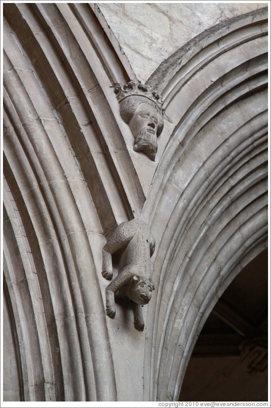 Human and animal figures, interior, Winchester Cathedral.