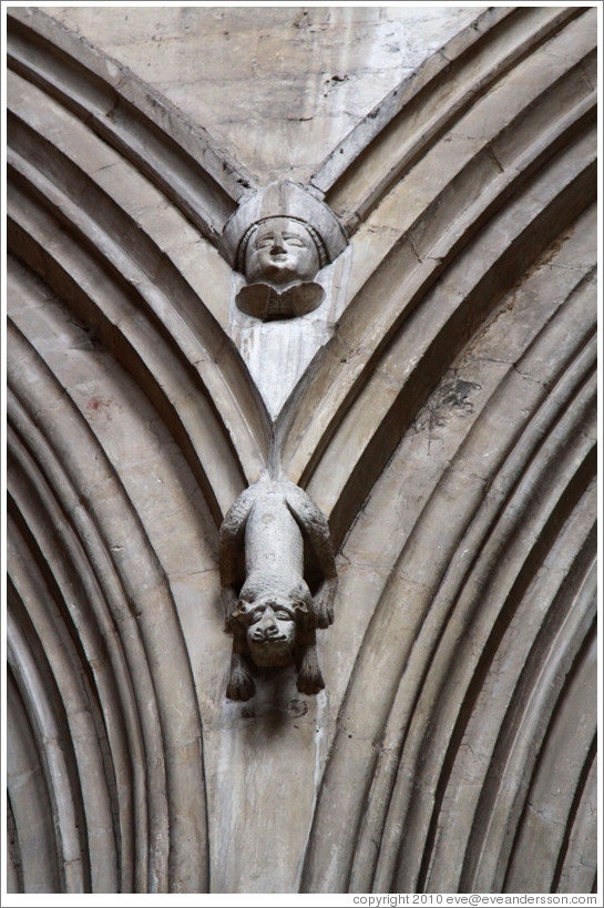 Human and animal figures, interior, Winchester Cathedral.