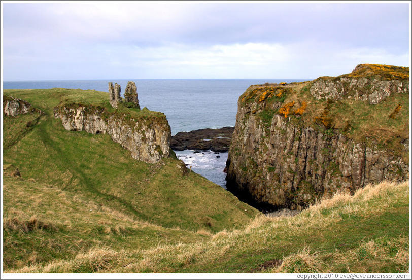 Dunseverick Castle, or the little that remains of it, on a sea cliff.