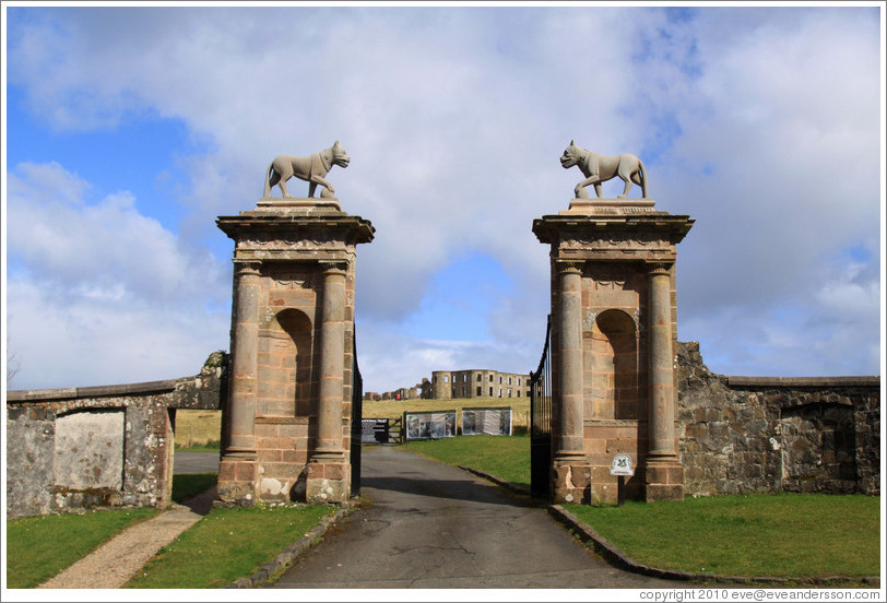 Lion's Gate which are actually adorned by Ounces -- heraldic beasts similar to lynxes or leopards -- rather than lions.  Grounds of the Mussenden Temple.