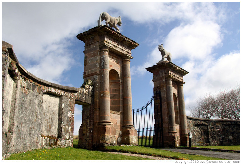 Lion's Gate which are actually adorned by Ounces -- heraldic beasts similar to lynxes or leopards -- rather than lions.  Grounds of the Mussenden Temple.