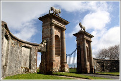 Lion's Gate which are actually adorned by Ounces -- heraldic beasts similar to lynxes or leopards -- rather than lions.  Grounds of the Mussenden Temple.