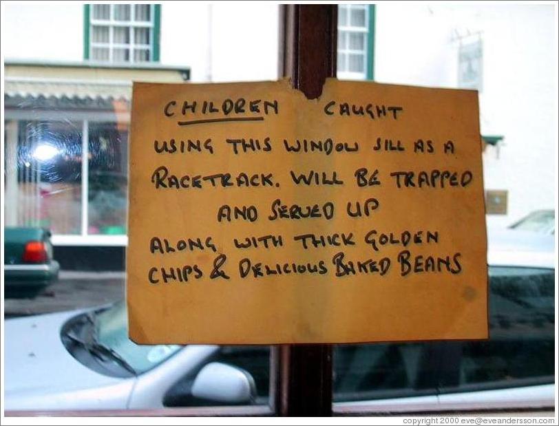 Sign in a restaurant on the way to Stonehenge: "Children caught using this window as a racetrack will be trapped and served up along with thick golden chips and delicious baked beans."