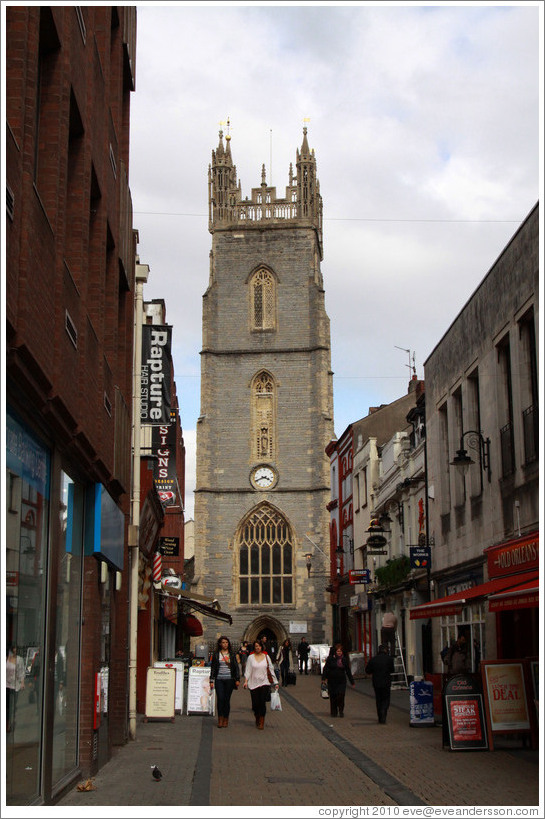 Church Street, with the Parish Church of Cardiff St. John the Baptist at the end.