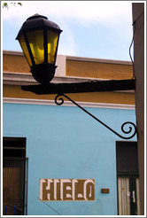 Streetlamp and sign advertising hielo (ice). Calle del Colegio, Barrio Hist?o (Old Town).