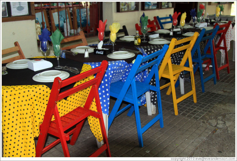 Colorful tables and chairs, El Drugstore restaurant/bar, Calle Del Gobernador Vasconcellos, Barrio Hist?o (Old Town).