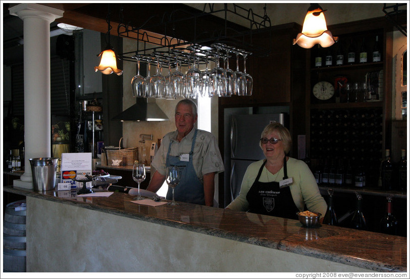 Candice and Richard Dixon in tasting room.  Les Ch&ecirc;nes Estate Vineyards.