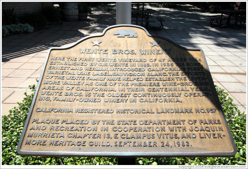 Historical landmark plaque.  Wente Vineyards Estate Winery.