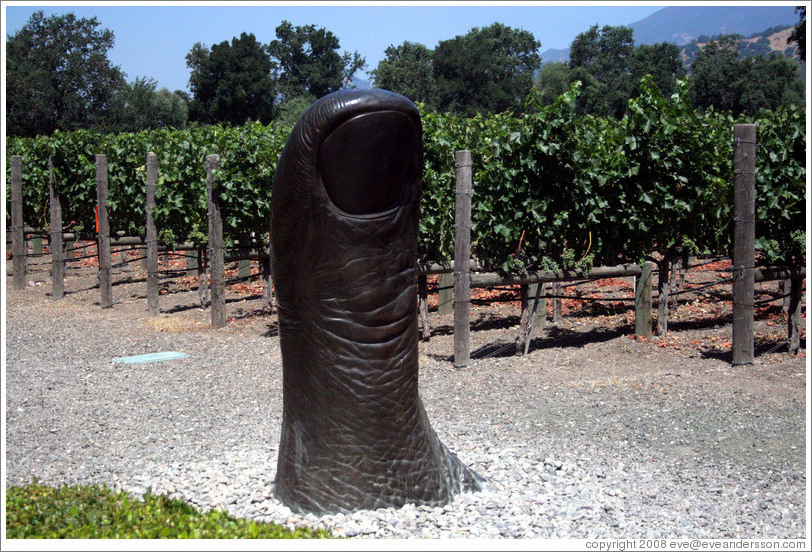 Giant thumb next to the vineyards of Clos Pegase Winery.