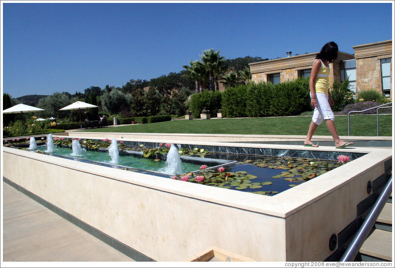 Girl balancing on a fountain with lily pads.  Darioush Winery.