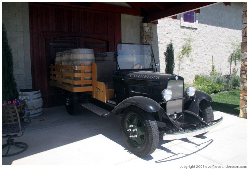 Old car with barrels.  Calcareous Vineyard.
