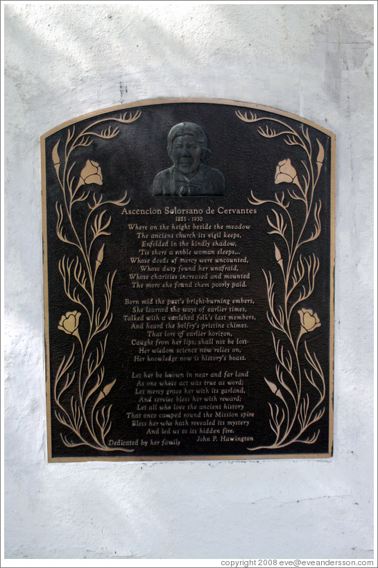 Ascension Solorsano de Cervantes plaque.  Cemetery.  San Juan Bautista Mission.