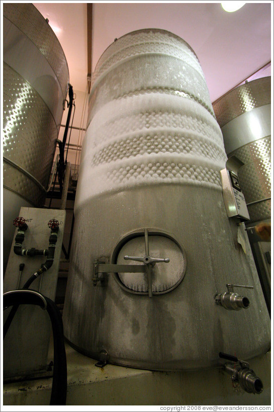 Ice-covered steel tank.  Gainey Vineyard.