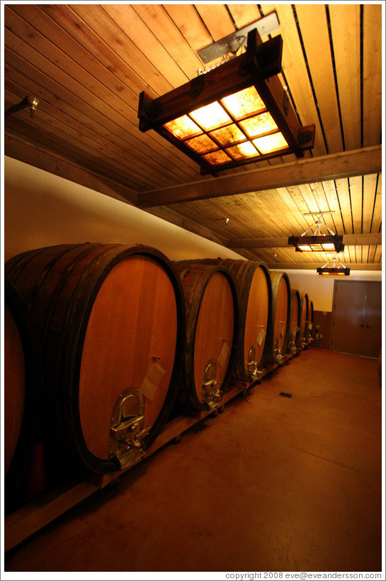 Large oval barrels, which impart less oak flavor into wine than traditional barrels.  Gainey Vineyard.
