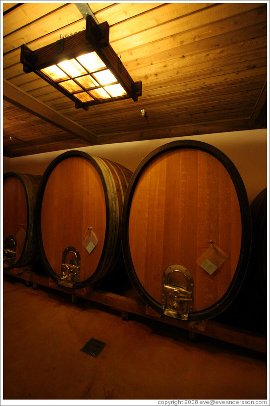 Large oval barrels, which impart less oak flavor into wine than traditional barrels.  Gainey Vineyard.