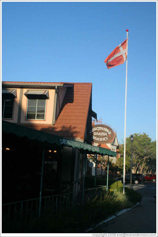 Mortensen's Danish Bakery with Danish flag.  Downtown Solvang.