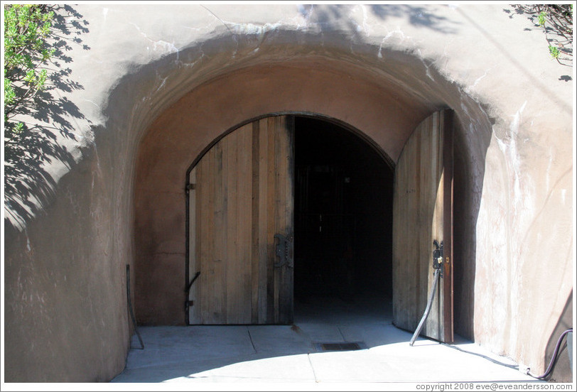 Entrance to cave in which barrels of wine are stored.  Benziger Family Winery.