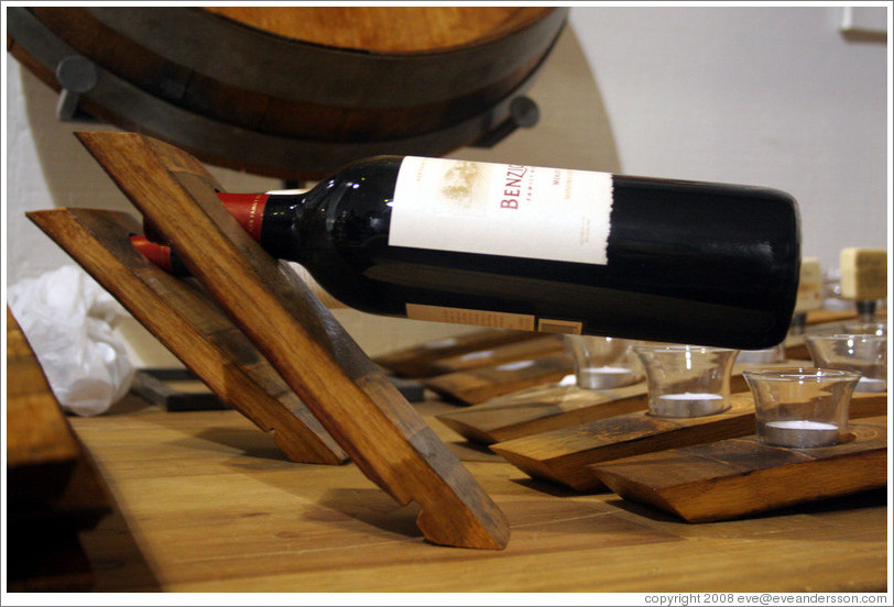 Well-balanced wine bottle holder.  Benziger Family Winery.