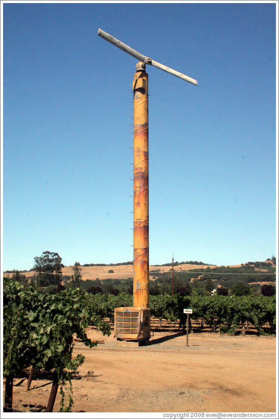 Heater and wind generator to regulate grape vine temperature.  Foppiano Vineyards.