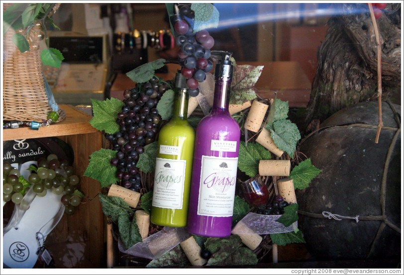 Grape-derived beauty supplies in shop window.  Downtown Healdsburg.